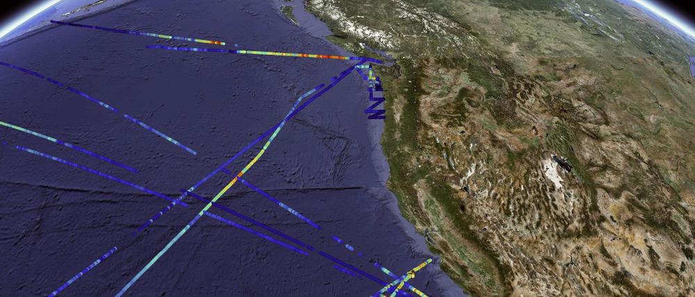 Verteilung der Phytoplankton-Biomasse, gemessen mit SeaFlow-Zytometrie vor der Küste Kaliforniens. Die farbcodierten Linien stellen die Biomassekonzentrationen dar, wobei wärmere Farben (rot-gelb) eine höhere Phytoplanktondichte und kühlere Farben (blau) eine geringere Konzentration anzeigen.