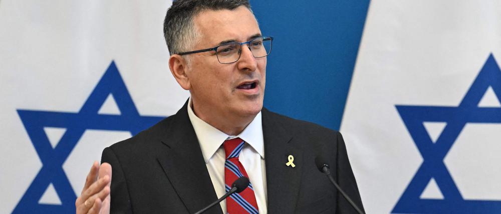 Israeli Foreign Minister Gideon Sa'ar speaks during a joint press conference with his Hungarian counterpart at the Foreign Minister office in Budapest, on September 8, 2025. (Photo by Attila KISBENEDEK / AFP)