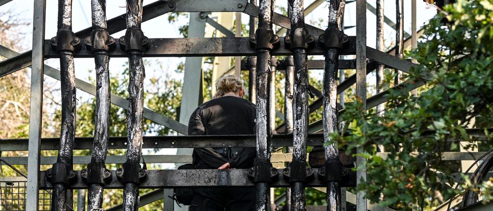 Der teilweise beschädigte Strommast im Königsheideweg wird begutachtet. Nach stundenlangem Stromausfall in Berlin sind die ersten Haushalte wieder versorgt.