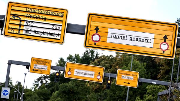 Ein Schild weist auf die Absperrung am Tiergartentunnel hin.