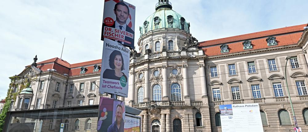 Wahlplakate vor dem Potsdamer Rathaus.