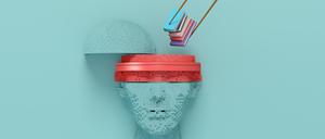 Ein digitaler Kopf wird mit Bücher gefüllt.