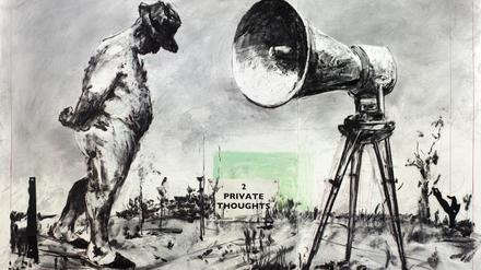 William Kentridges „Drawing for Self-Portrait as a Coffee-Pot (2 Private Thoughts)“ von 2021. Tusche, Buntstift, Kohle, Pastellkreide und Collage auf Papier. 
