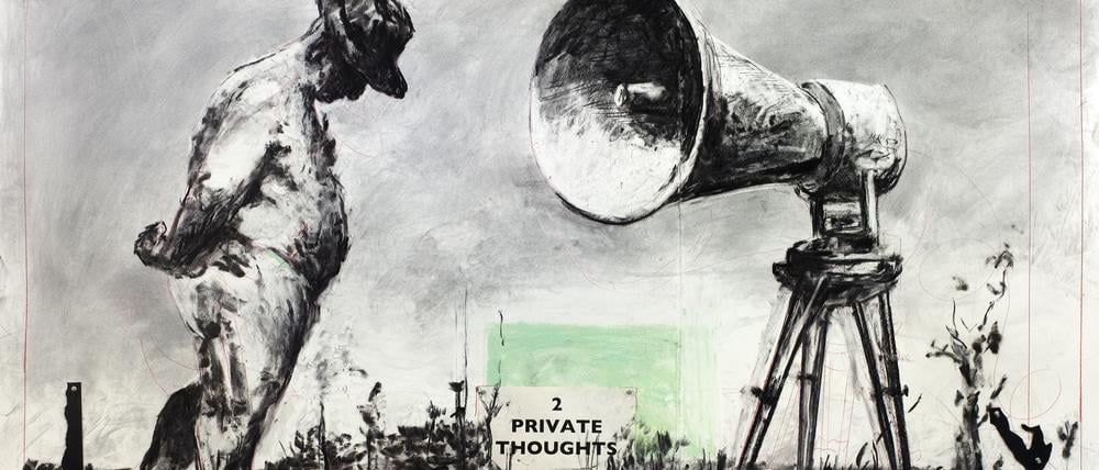 William Kentridges „Drawing for Self-Portrait as a Coffee-Pot (2 Private Thoughts)“ von 2021. Tusche, Buntstift, Kohle, Pastellkreide und Collage auf Papier. 