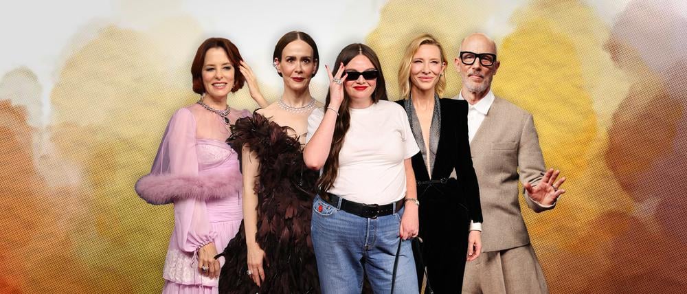 Eine Collage zeigt Parker Posey, Sarah Paulson, Megan Stalter, Cate Blanchett und Jon Gries in ihren Emmy-Award-Outfits.