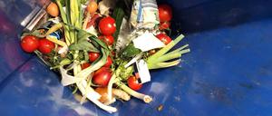 Weggeschmissene Lebensmittel liegen in einer Mülltonne.