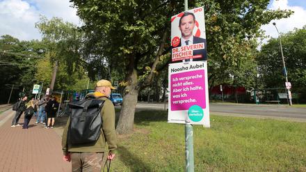 Kurz vor der Oberbürgermeisterwahl in der Landeshauptstadt hängen im Stadtbezirk Potsdam Waldstadt Wahlplakate.