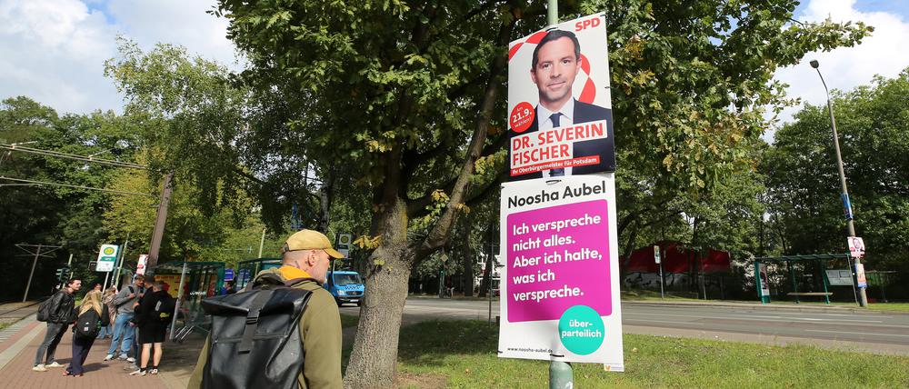 Kurz vor der Oberbürgermeisterwahl in der Landeshauptstadt hängen im Stadtbezirk Potsdam Waldstadt Wahlplakate.