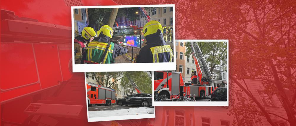 Nach einem Dachstuhlbrand in der Motzstraße ist ein Einsatzwagen noch zur Nachbearbeitung vor Ort. Auf dem gesamten Gehweg ist Löschschaum verteilt.