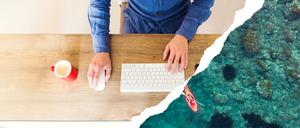 Guy working dreaming about nature vacations using torn paper effect.