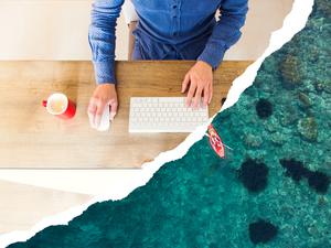 Guy working dreaming about nature vacations using torn paper effect.
