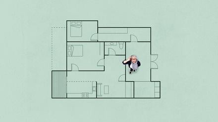 Die Collage zeigt eine Frau, die fragend nach oben in die Kamera schaut, sie steht in einem gezeichneten Wohnungsgrundriss.