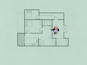 Die Collage zeigt eine Frau, die fragend nach oben in die Kamera schaut, sie steht in einem gezeichneten Wohnungsgrundriss.