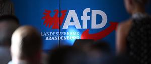 Teilnehmer sitzen in der Auftaktveranstaltung der AfD in Brandenburg zur Landtagswahl vor dem Parteilogo. 