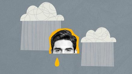 Creative collage poster young man depression crying tear sky clouds rainfall shower melancholy sad upset negative mood loneliness.