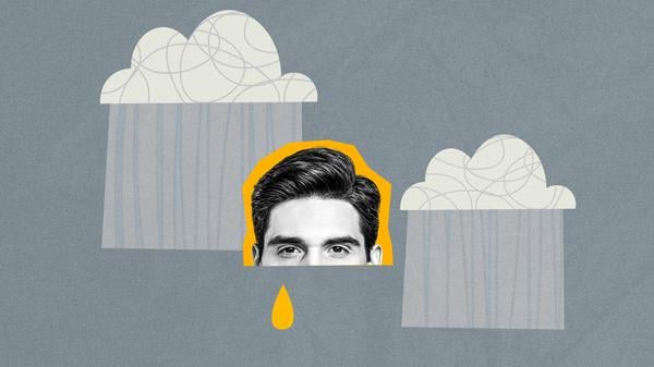 Creative collage poster young man depression crying tear sky clouds rainfall shower melancholy sad upset negative mood loneliness. 