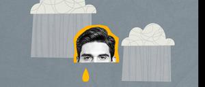 Creative collage poster young man depression crying tear sky clouds rainfall shower melancholy sad upset negative mood loneliness. 