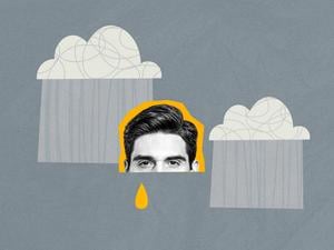Creative collage poster young man depression crying tear sky clouds rainfall shower melancholy sad upset negative mood loneliness. 