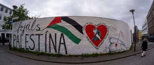 Schriftzug Freiheit für Palästina an einer Wand in der Innenstadt der isländischen Hauptstadt Reykjavik. 