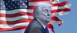 Donald Trump vor einer zerfledderten US-Flage (Illustration).