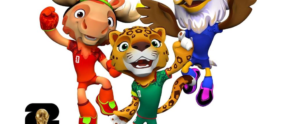 Maple der Elch (l), Zayu der Jaguar (M) und Clutch der Weißkopfseeadler (l) sind die Maskottchen der Fußball-WM 2026.