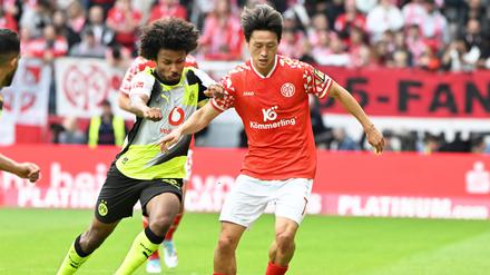 Karim Adeyemi (li.) traf zum 2:0 für Dortmund gegen Mainz 05.