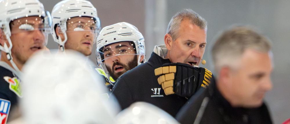Trainer Serge Aubin (M.) sieht nach der vierten DEL-Niederlage in Folge der Eisbären noch keinen Grund zur Sorge. (Archivbild)
