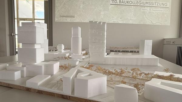 Ein Modell für neue Hochhäuser in der Warschauer Straße beim Baukollegium des Senats.