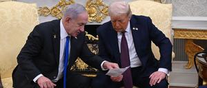 US-Präsident Donald Trump und Israels Ministerpräsident Benjamin Netanjahu unterhalten sich während eines Treffens im Weißen Haus. 