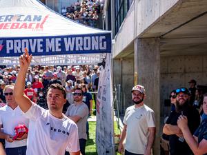 U.S. right-wing activist and commentator Charlie Kirk throws hats to the crowd shortly before he was shot at a Utah Valley University speaking event in Orem, Utah, U.S. September 10, 2025. Trent Nelson/The Salt Lake Tribune via REUTERS.
NO RESALES. NO ARCHIVES. THIS IMAGE HAS BEEN SUPPLIED BY A THIRD PARTY