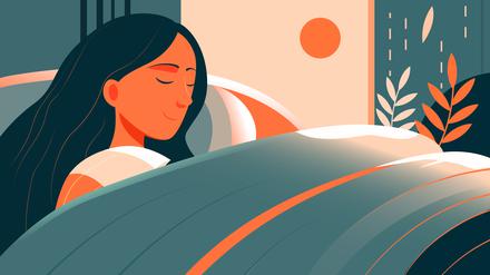 Ein junge Frau schläft zufrieden lächelnd in ihrem Bett (Illustration).