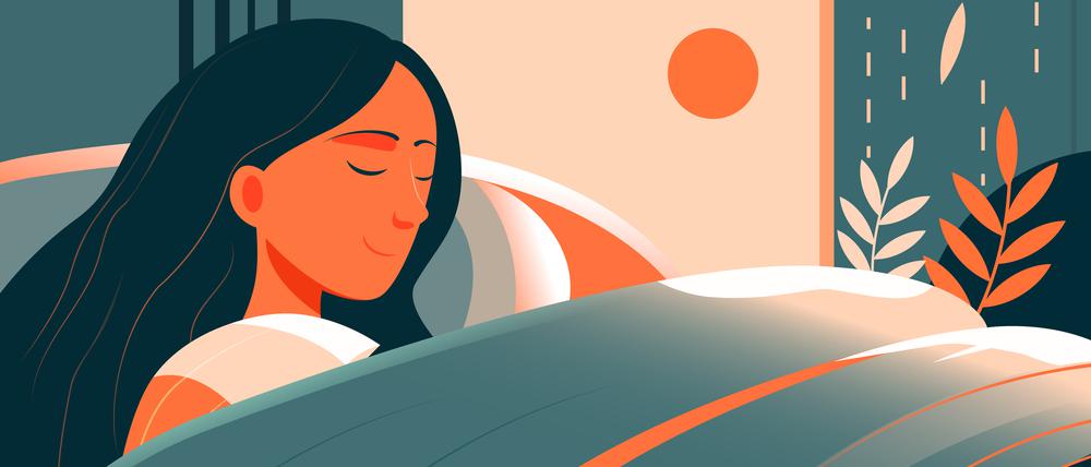 Ein junge Frau schläft zufrieden lächelnd in ihrem Bett (Illustration).