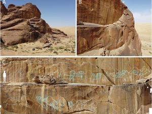 Unter Lebensgefahr gemeißelt: Monumentales Felskunst-Panel am Jebel Misma.