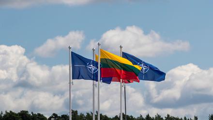 ARCHIV - 09.07.2023, Litauen, Vilnius: Flaggen der Nato-Mitgliedsländer wehen im Wind vor dem Veranstaltungsort des Nato-Gipfels. (zu dpa: «Litauen verlängert Sperrung von Luftraum an Grenze zu Belarus») Foto: Mindaugas Kulbis/AP/dpa +++ dpa-Bildfunk +++