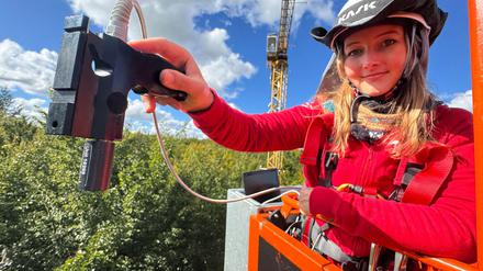 Für Pia Kräft ist die Gondel am 45 Meter hohen Drehkran, der zu Forschungszwecken in einem Wald bei Demmin steht, der „schönste Arbeitsplatz, den man sich vorstellen kann“.
