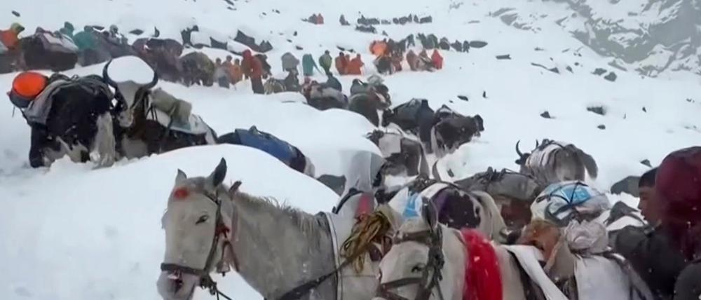Wanderer sitzen am Mount Everest fest.