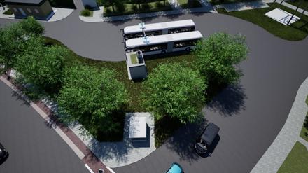 Eine Visualisierung zeigt die künftige Ladestation für E-Busse an der Endhaltestelle „Schwarzelfenweg“ in Pankow.