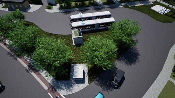 Eine Visualisierung zeigt die künftige Ladestation für E-Busse an der Endhaltestelle „Schwarzelfenweg“ in Pankow.