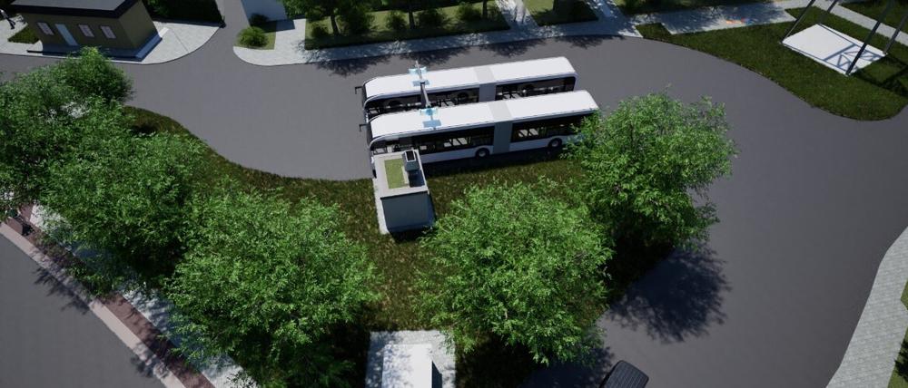 Eine Visualisierung zeigt die künftige Ladestation für E-Busse an der Endhaltestelle „Schwarzelfenweg“ in Pankow.