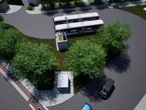 Eine Visualisierung zeigt die künftige Ladestation für E-Busse an der Endhaltestelle „Schwarzelfenweg“ in Pankow.