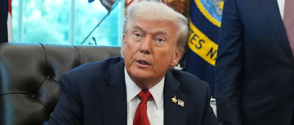 US-Präsident Donald Trump spricht mit Journalisten, bevor er eine Verordnung im Oval Office im Weißen Haus unterzeichnet. 