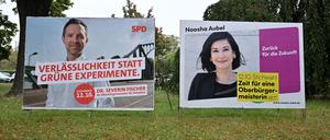 Wahlplakate von Severin Fischer (SPD) und Noosha Aubel (parteilos) für die Potsdamer Oberbürgermeisterwahl.