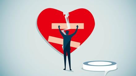 Eine Person klebt ein zerbrochenes Herz mit Klebestreifen (Illustration).