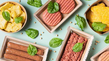 Assortment of plant based meat on a table. Food to reduce carbon footprint, sustainable consumption. View from above, flat lay food.
veggie