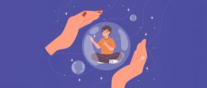 Grafik zeigt ein Kind, gefangen in einer Seifenblase. Erwachsenenhände halten die Blase in einer beschützenden Geste umschlossen.