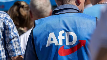 Mann mit AfD-Weste auf einer Kundgebung in Ludwigshafen (Symbolbild).