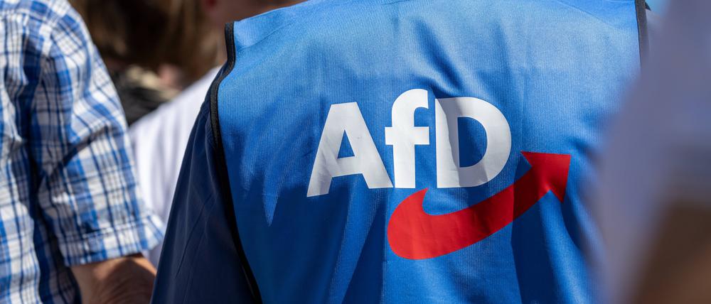 Mann mit AfD-Weste auf einer Kundgebung in Ludwigshafen (Symbolbild).