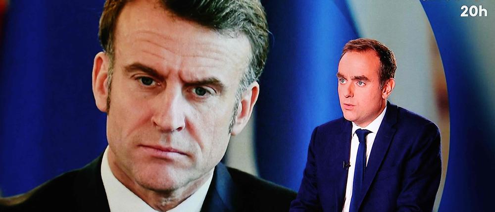 Der scheidende Premierminister Sébastien Lecornu gibt ein letztes, großes Fernsehinterview. Im Hintergrund wird Präsident Emmanuel Macron eingeblendet.
