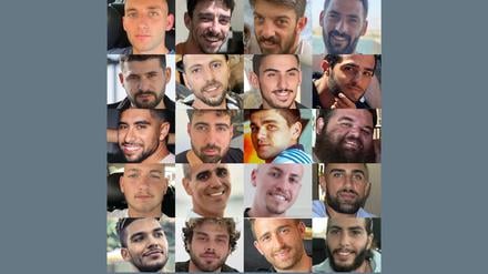 Die zwanzig israelischen Geiseln, die derzeit noch am Leben sein könnten (v.l.n.r. und o.n.u.): Matan Angrest, Ariel Cunio, David Cunio, Gali Berman, Ziv Berman,  Elkana Bohbot, Rom Braslavski, Nimrod Cohen, Evyatar David, Guy Dilboa Dalai, Maxim Herkin, Eitan Horn, Bar Kupershtein, Omri Miran, Eitan Mor, Segev Kalfon, Yosef-Haim Ohana, Alon Ohel, Avinatan Or, Matan Zangkauker