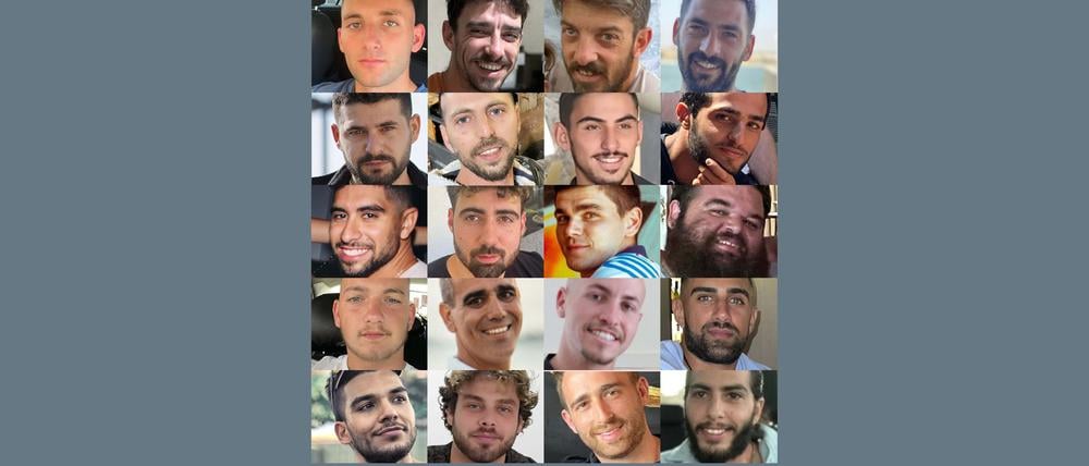 Die zwanzig israelischen Geiseln, die derzeit noch am Leben sein könnten (v.l.n.r. und o.n.u.): Matan Angrest, Ariel Cunio, David Cunio, Gali Berman, Ziv Berman, Elkana Bohbot, Rom Braslavski, Nimrod Cohen, Evyatar David, Guy Dilboa Dalai, Maxim Herkin, Eitan Horn, Bar Kupershtein, Omri Miran, Eitan Mor, Segev Kalfon, Yosef-Haim Ohana, Alon Ohel, Avinatan Or, Matan Zangkauker